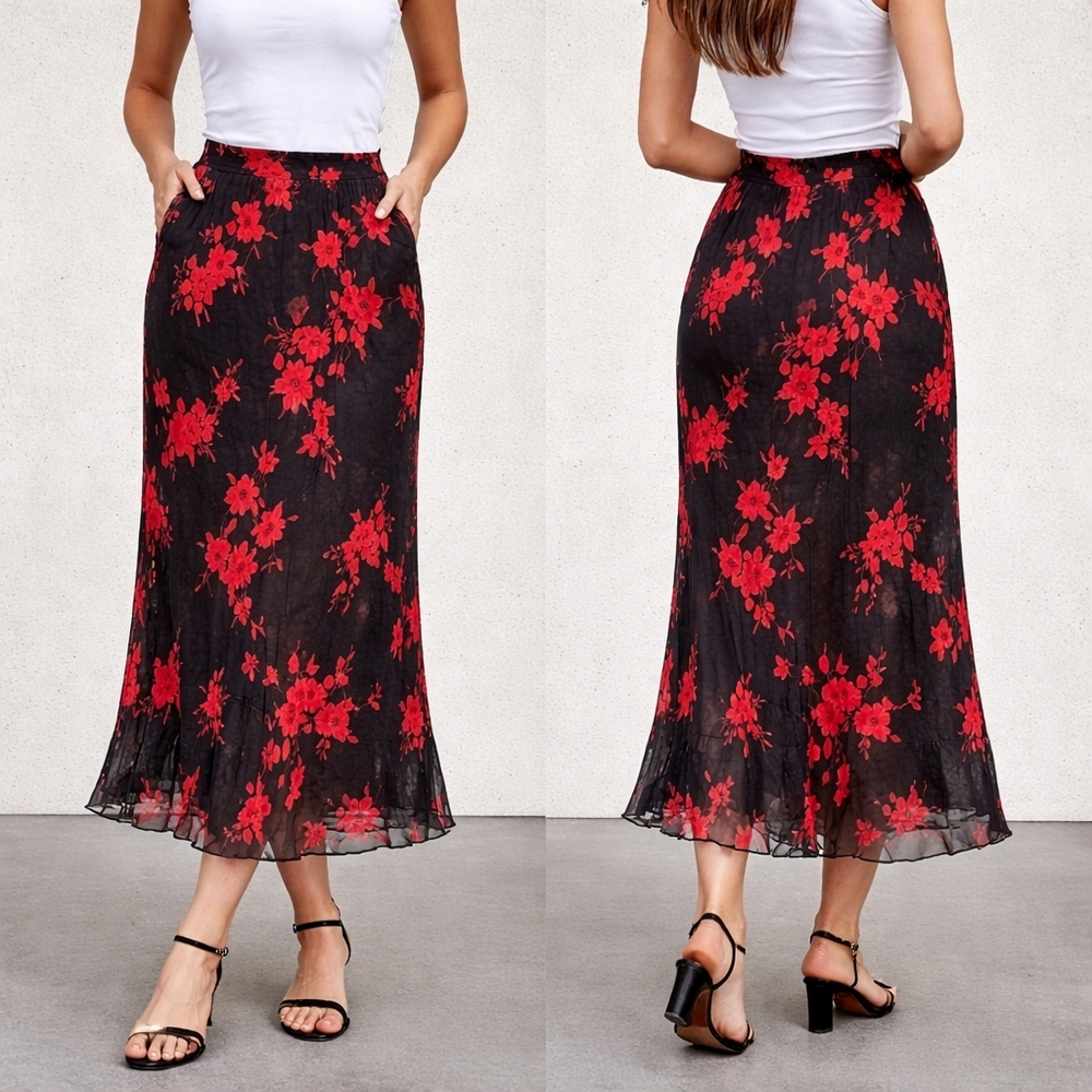 🔥 (5for$35) Vintage Studio Y Black and Red Floral Maxi Skirt
